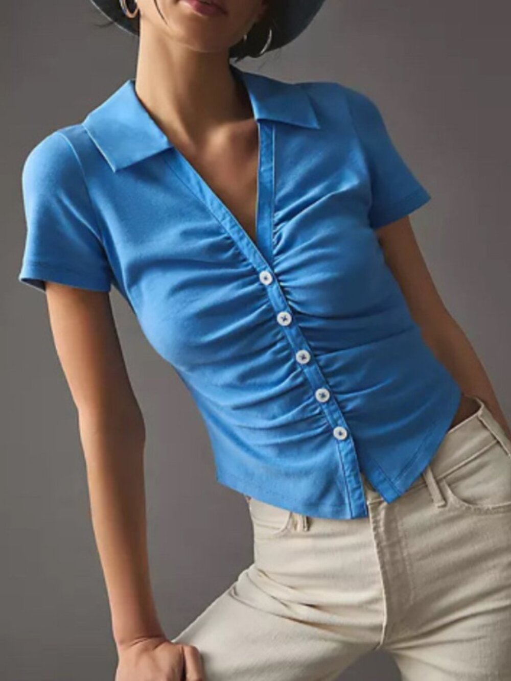 Great Condition Maeve by Anthropologie Ruched Button Blouse Blue Cotton, XL